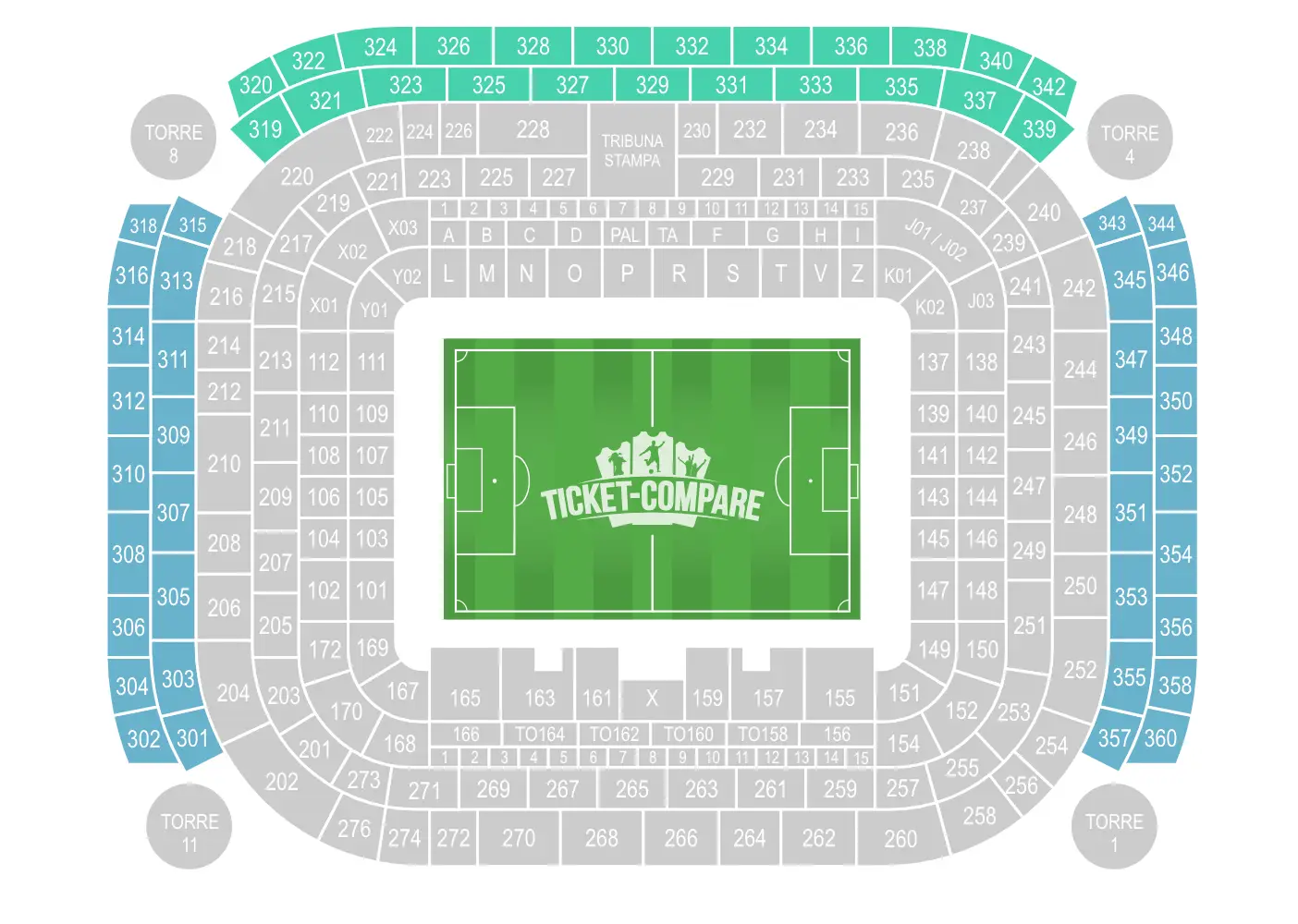 San Siro Seating plan with Terzo Anello tier highlighted