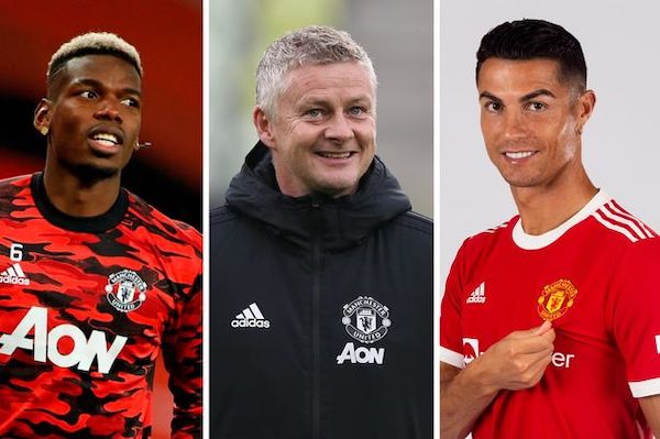 Paul Pogba, Ole Gunnar Solskjær en Cristiano Ronaldo
