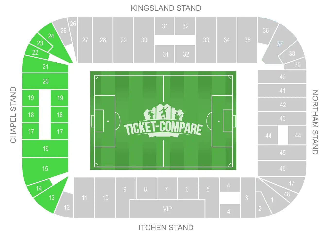 St Mary’s Stadium plattegrond, Chapel Stand gemarkeerd