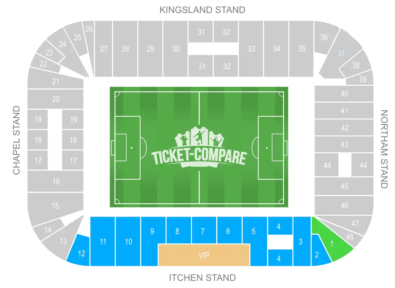 St Mary’s Stadium plattegrond, Itchen Stand gemarkeerd