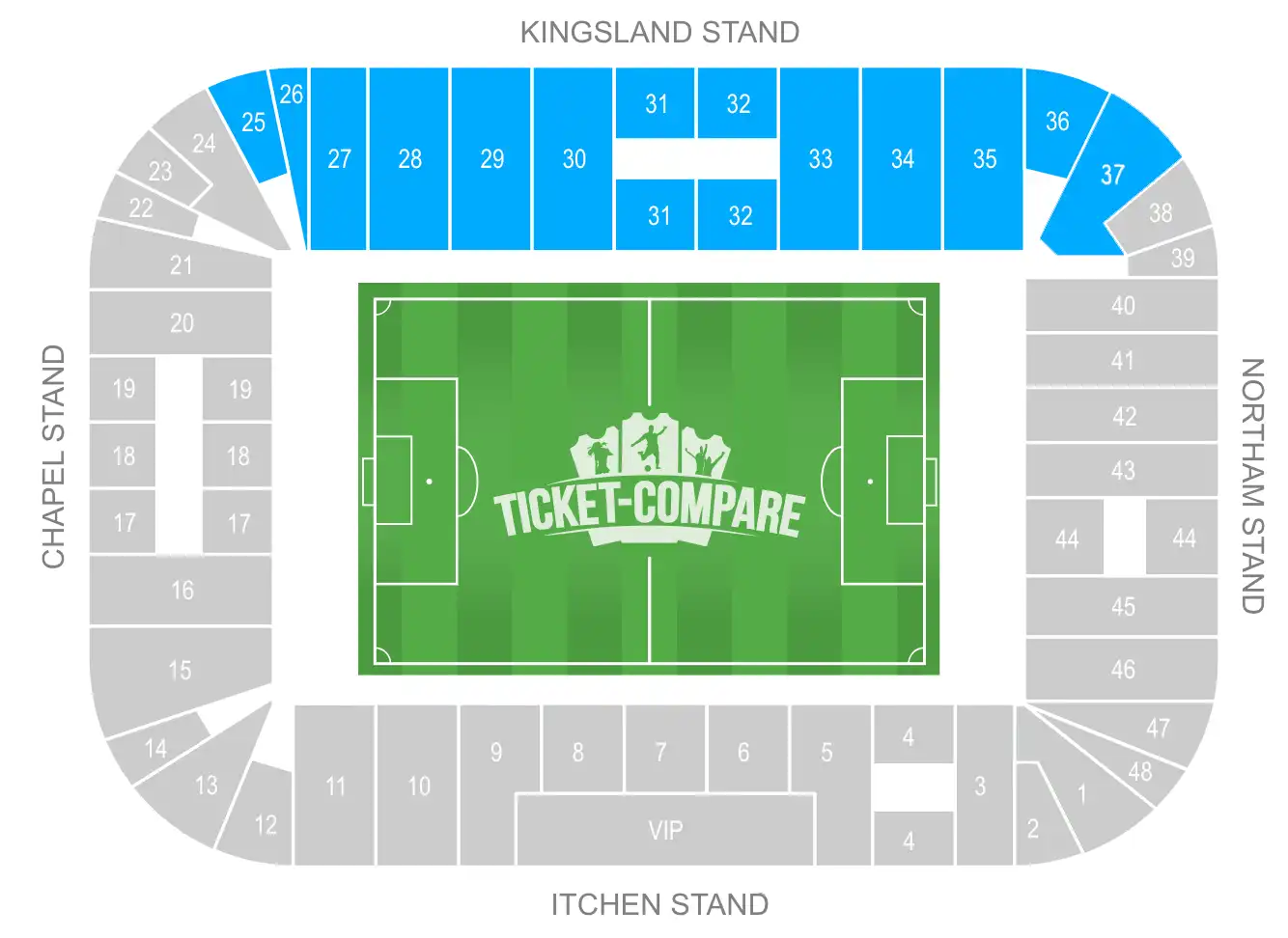 St Mary’s Stadium plattegrond, Kingsland Stand gemarkeerd