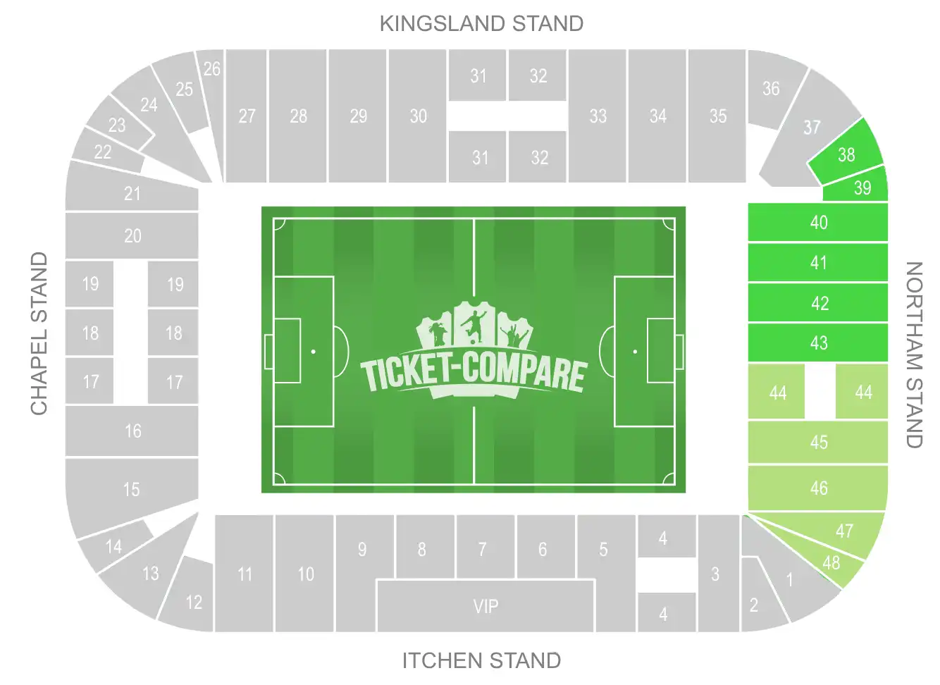 St Mary’s Stadium plattegrond, Northam Stand gemarkeerd