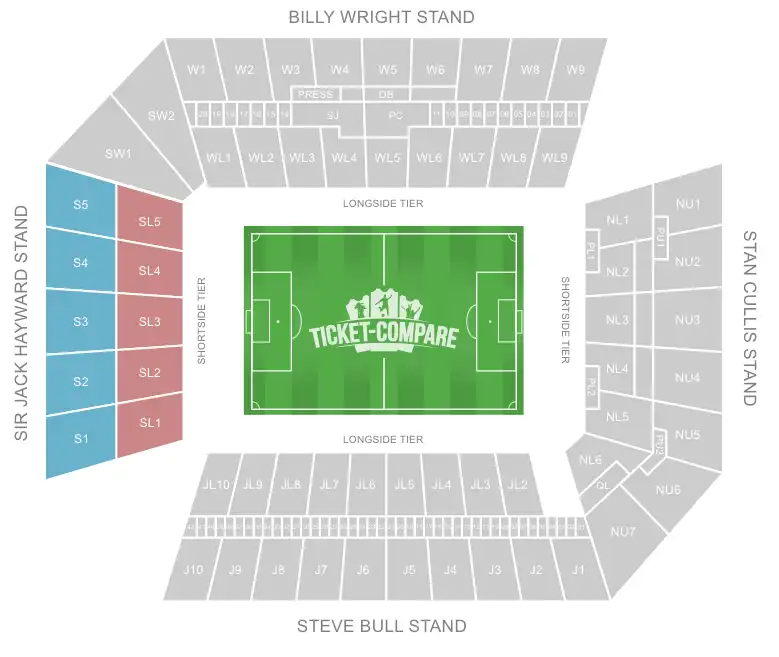 Molineux Stadion Plattegrond – Sir Jack Hayward Stand gemarkeerd