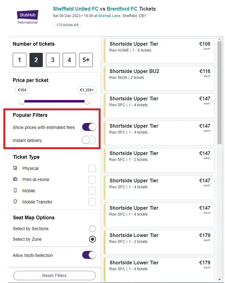 screenshot van Stubhub filters