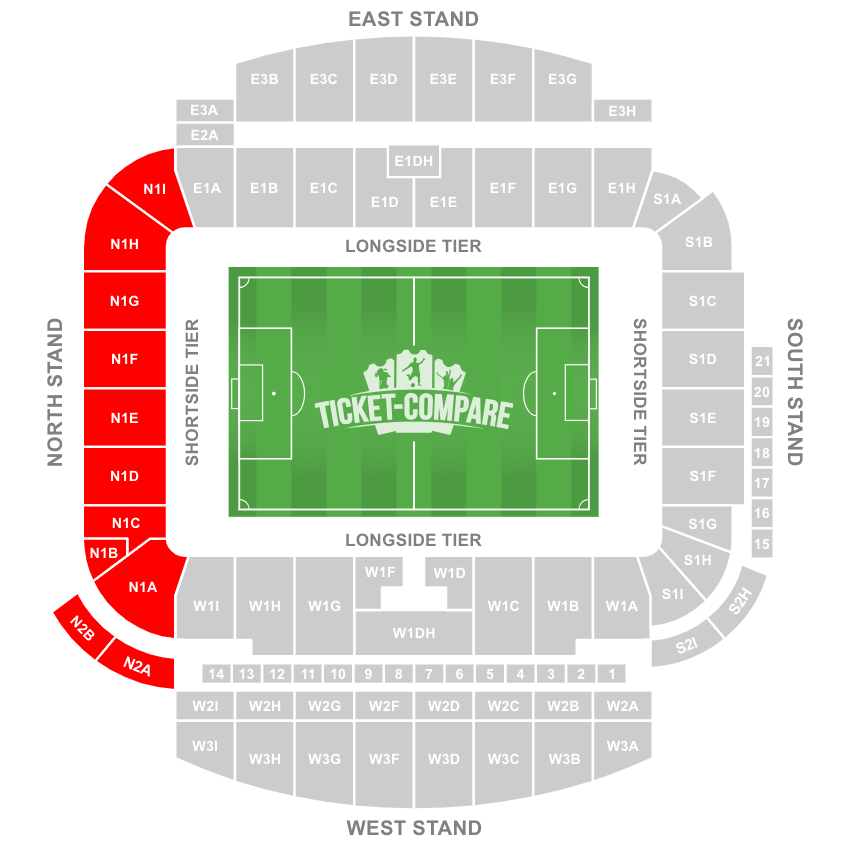 American Express Stadium Seating plan met North Stand gemarkeerd