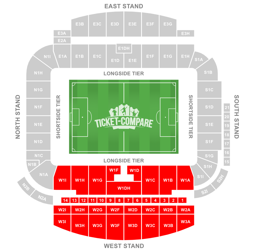 American Express Stadium Seating plan met West Stand gemarkeerd
