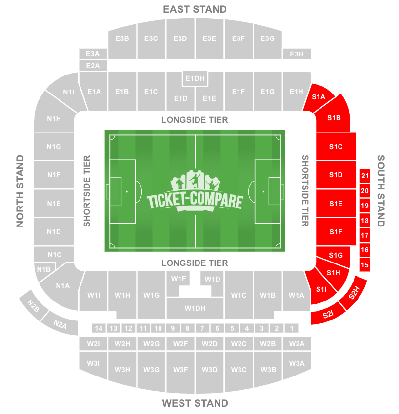 American Express Stadium Seating plan met South Stand gemarkeerd