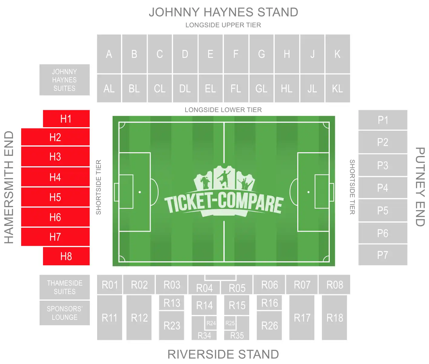 Craven Cottage Seating Plan met Hammersmith End gemarkeerd