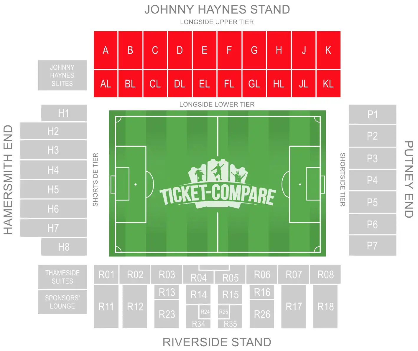 Craven Cottage Seating Plan met Johnny Haynes Stand gemarkeerd