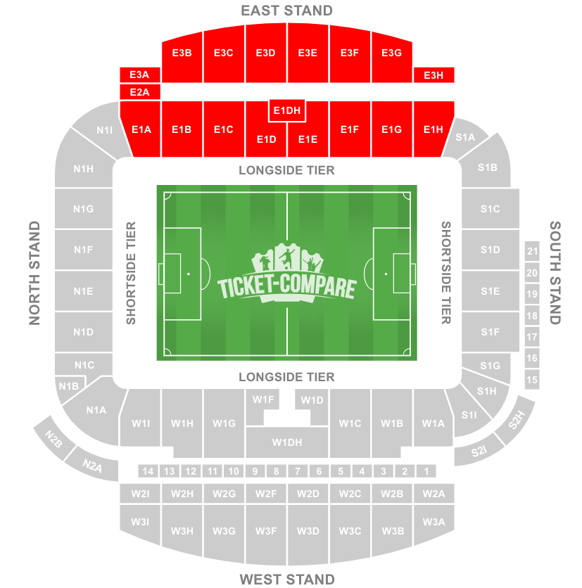 American Express Stadium Seating plan met East Stand gemarkeerd