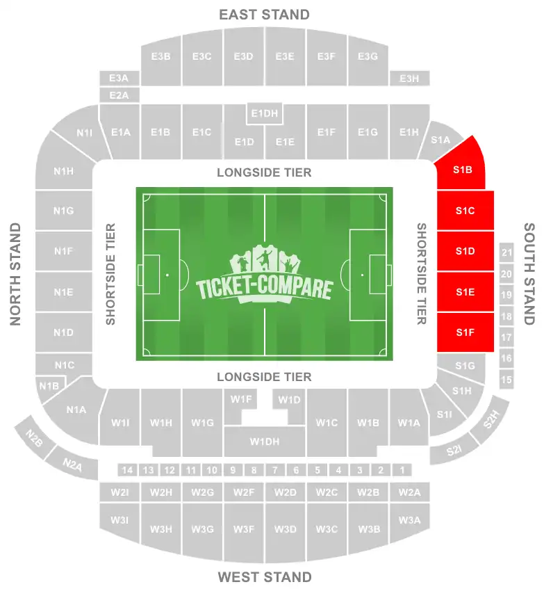 Amex Stadium zitplaatsenplattegrond met uitvak