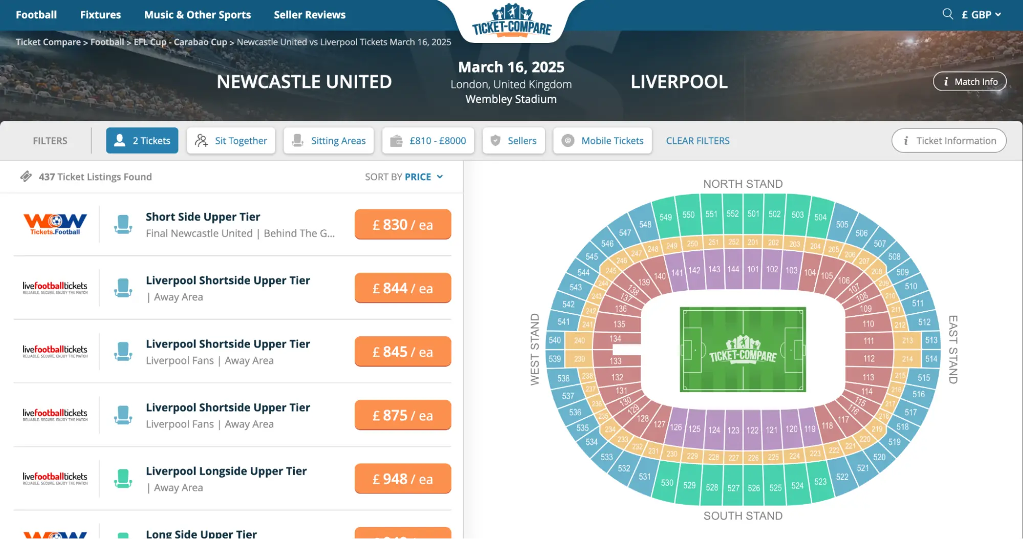 screenshot van Newcastle United vs. Liverpool tickets pagina