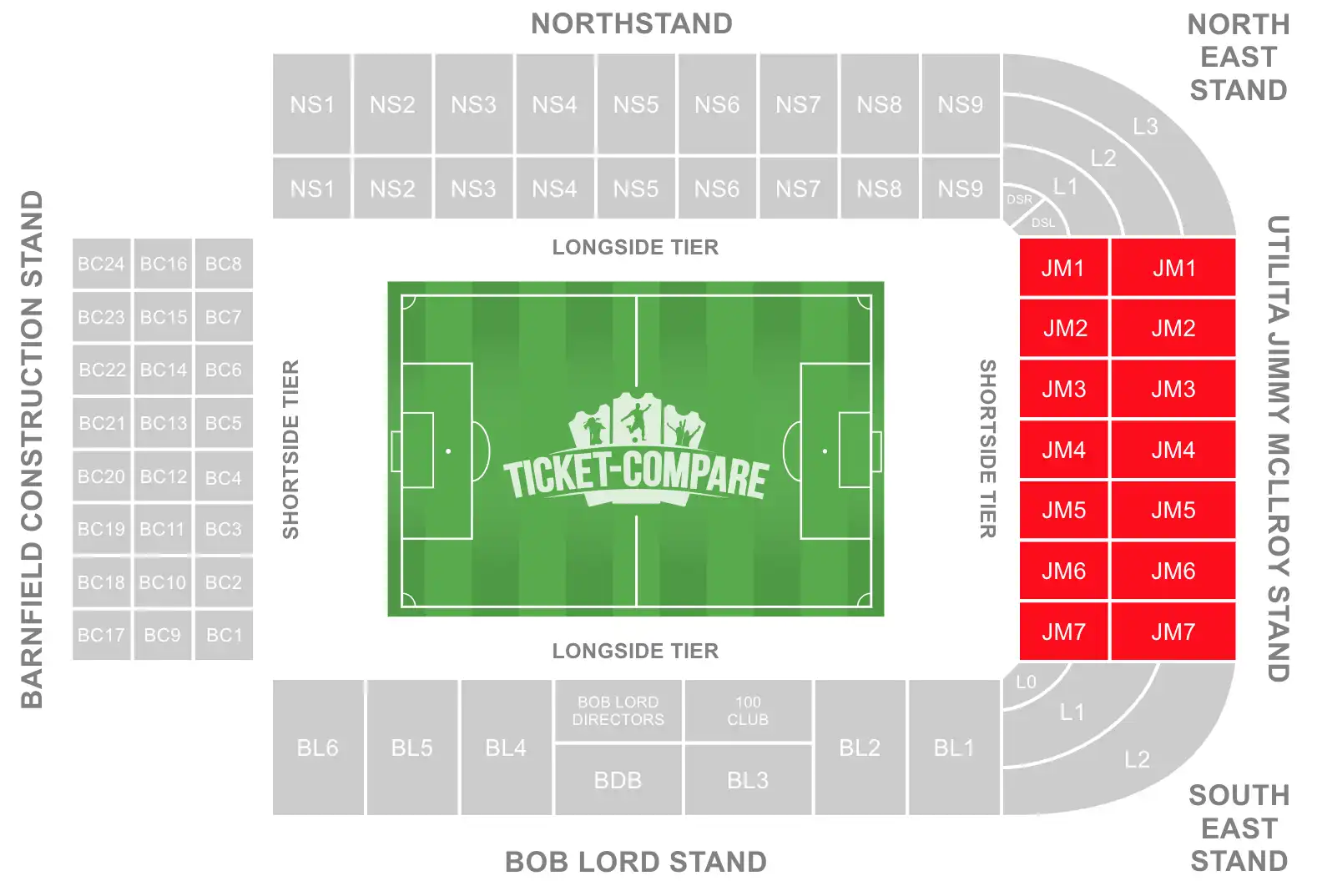 Turf Moor Stadium Seating Plan with Jimmy Mcllroy Stand Highlighted