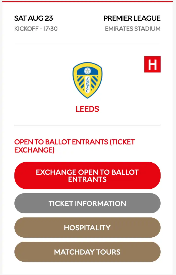 Screenshot van een Premier League wedstrijdoverzicht Arsenal v Leeds Emirates Stadium