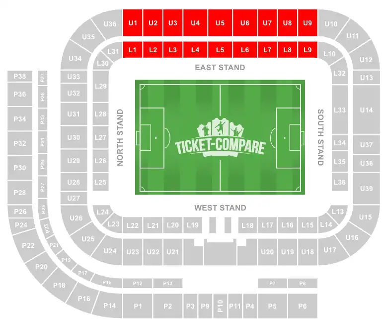 Stadium of Light seating plan met East Stand uitgelicht