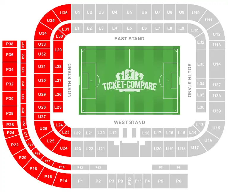 Stadium of Light seating plan met North Stand uitgelicht