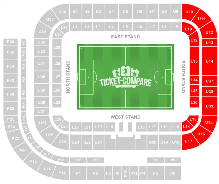Stadium of Light seating plan met South Stand uitgelicht