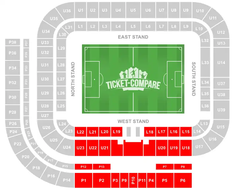 Stadium of Light seating plan met West Stand uitgelicht