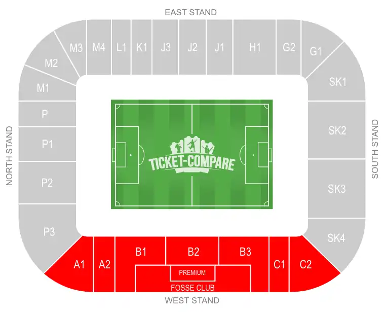 King Power Stadium zitplaatsen met West Stand gemarkeerd