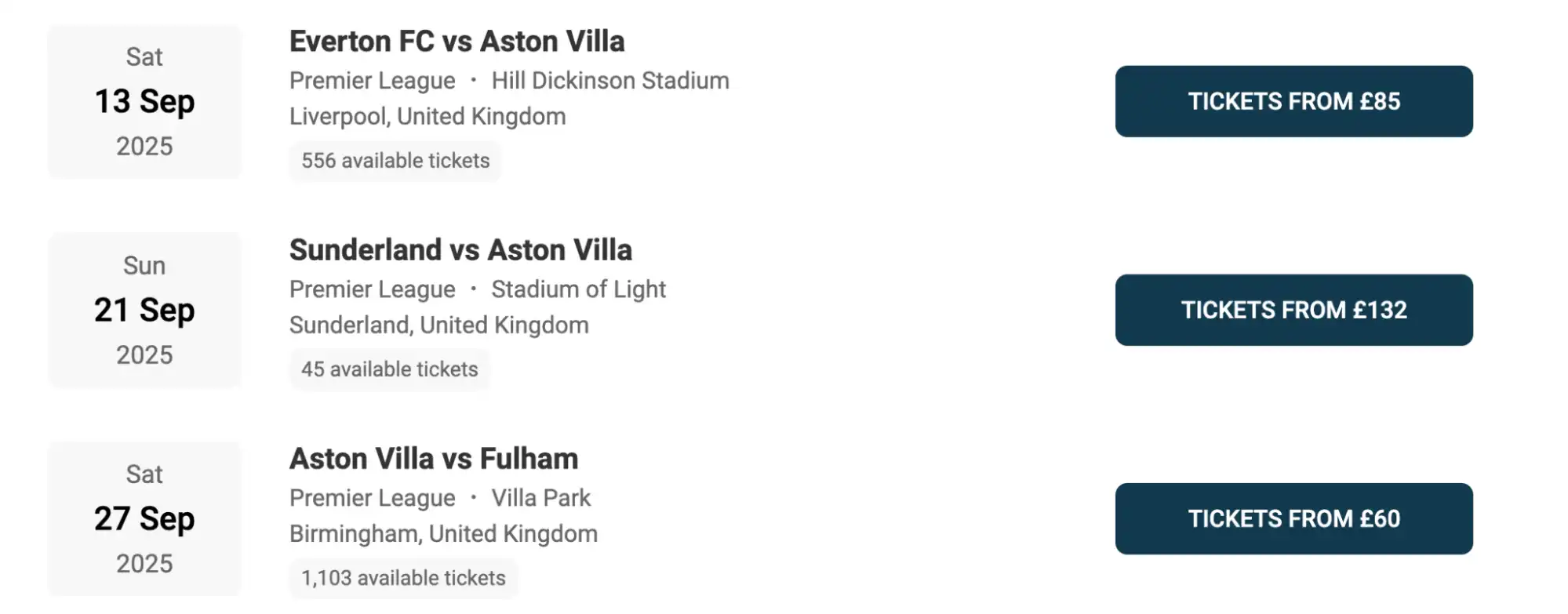 Screenshot of Aston Villa fixtures