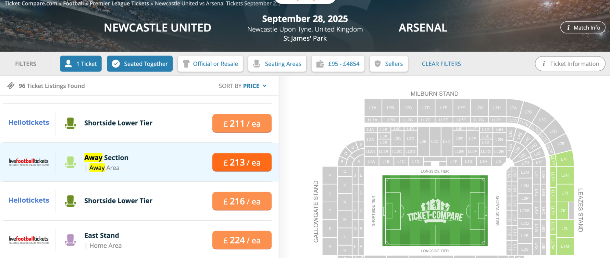 Screenshot Newcastle v Arsenal kaarten