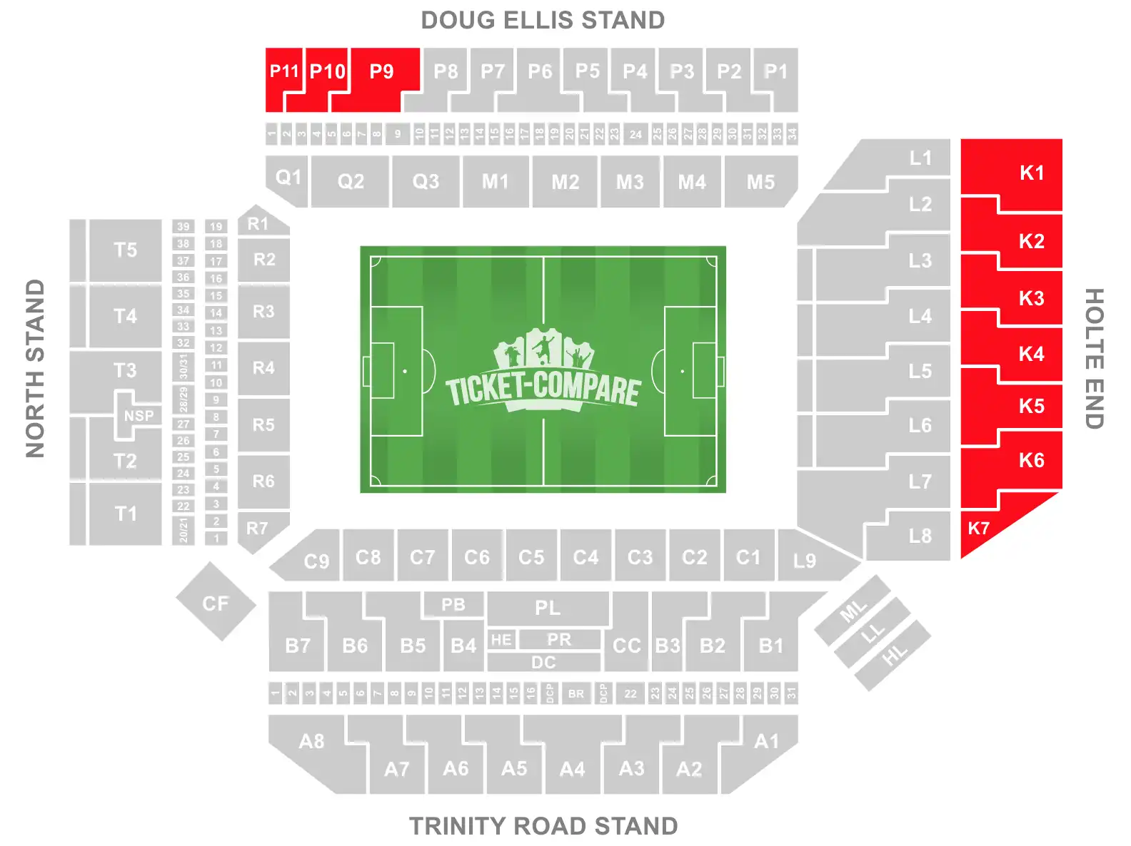 Screenshot of Villa Park Stadium Seating plan with the P9, P10, P11 and Blocks from K1 to K7 highlighted