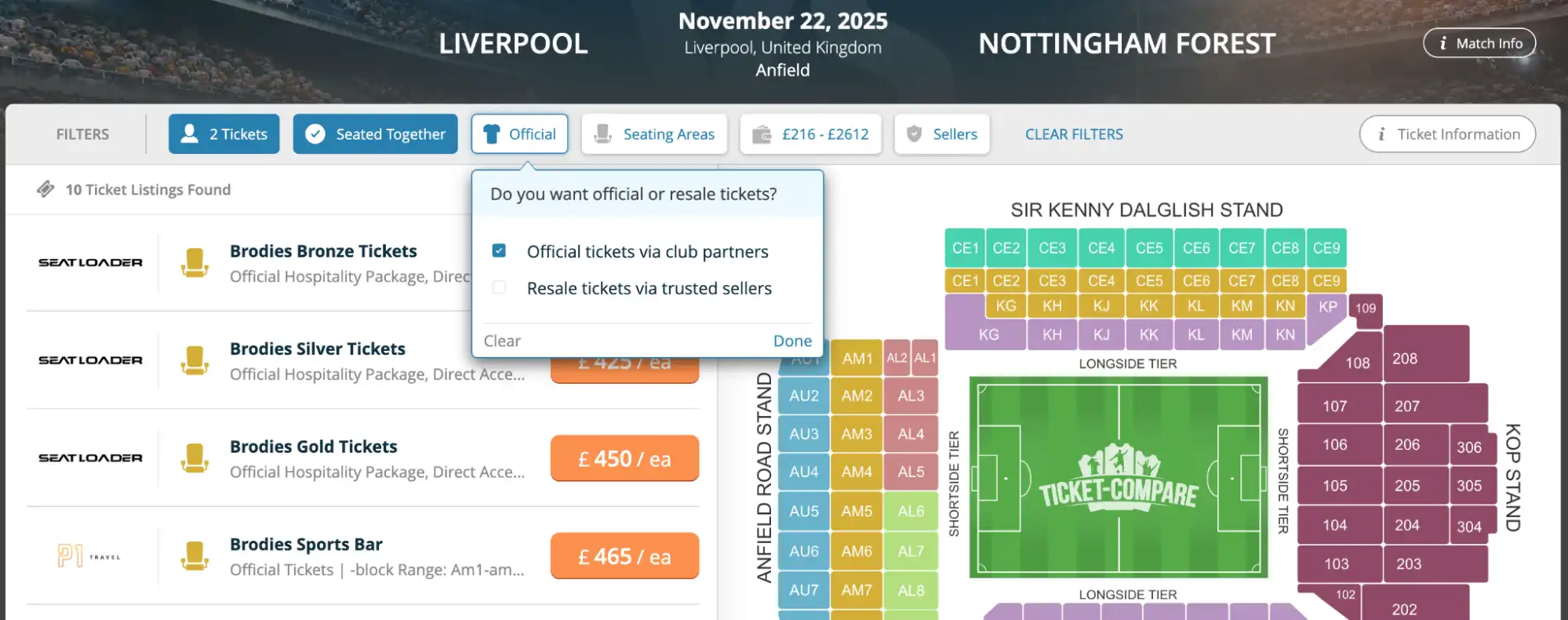 Screenshot: officiële of resale tickets kiezen