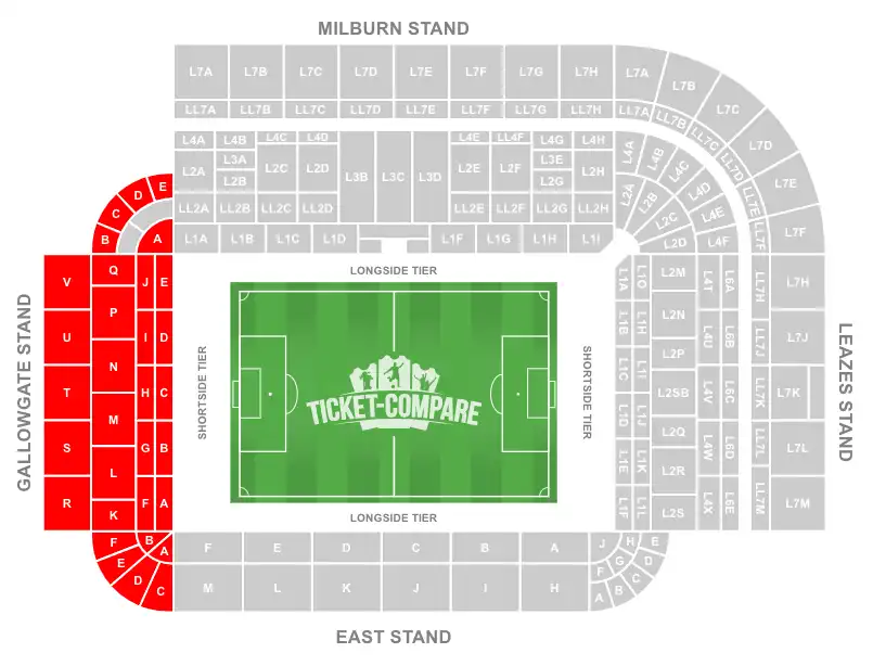 St James' Park Stadion Zitplaatsen Plattegrond met Gallowgate Stand uitgelicht