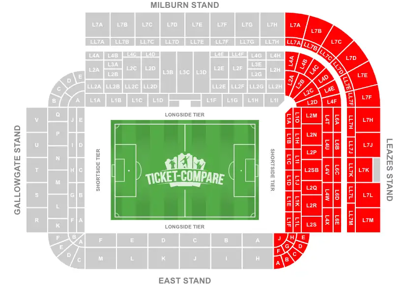 St James' Park Stadion Zitplaatsen Plattegrond met Leazes Stand uitgelicht