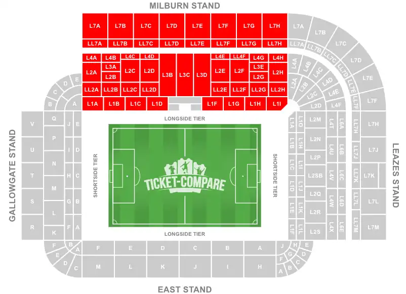 St James' Park Stadion Zitplaatsen Plattegrond met Milburn Stand uitgelicht