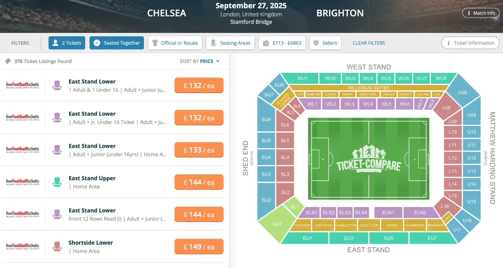 screenshot Chelsea v Brighton tickets