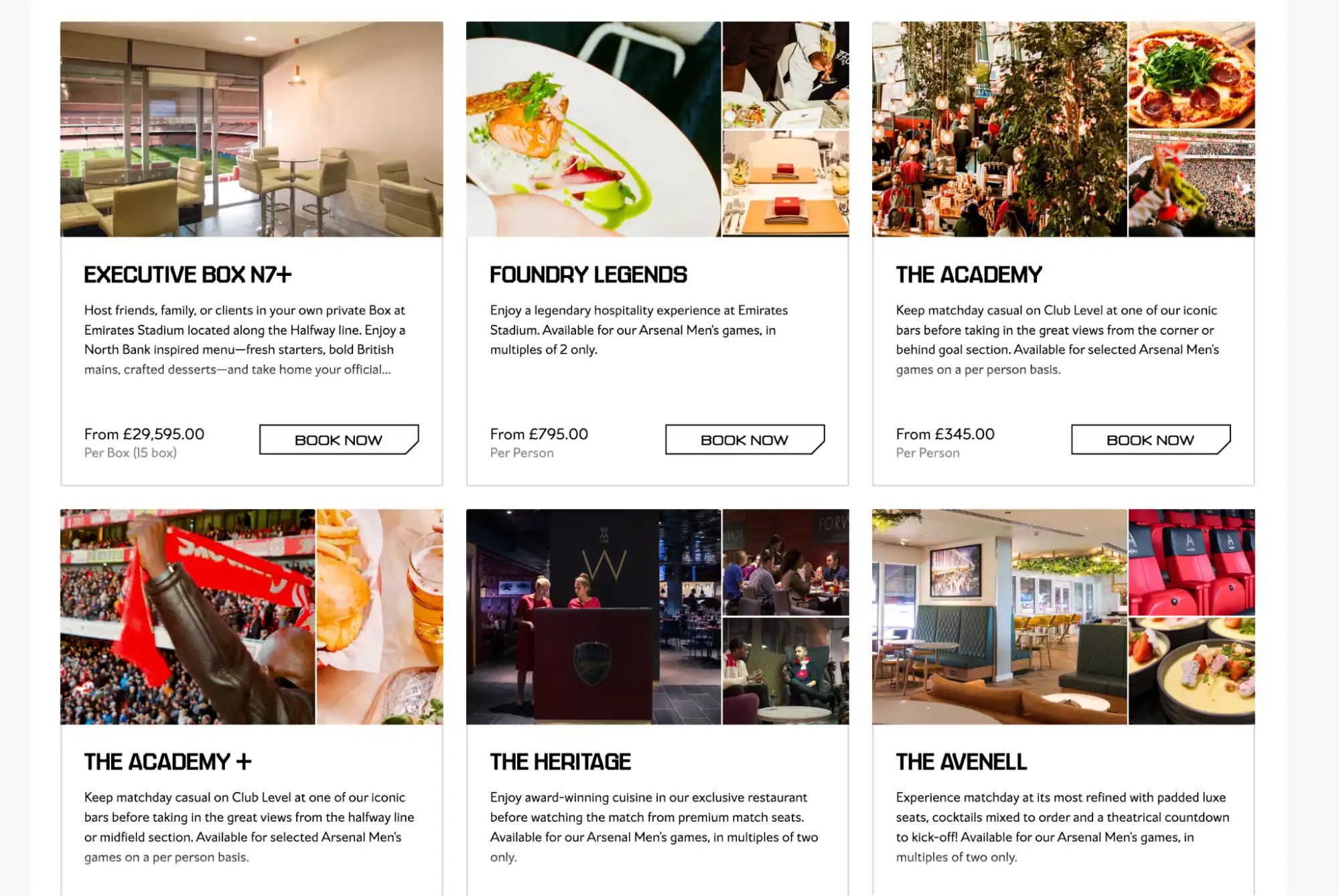 screenshot van Arsenal’s hospitality opties