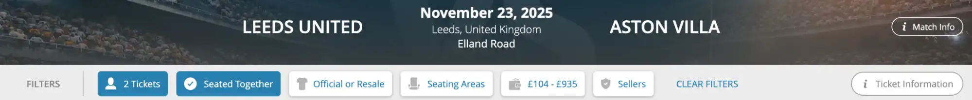 screenshot Leeds United V Aston Villa match menu