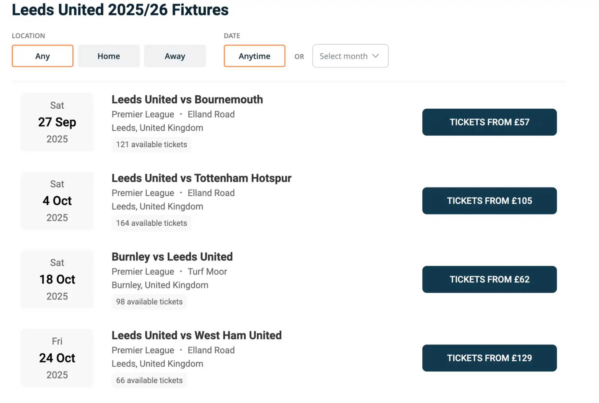 screenshot Leeds United fixtures