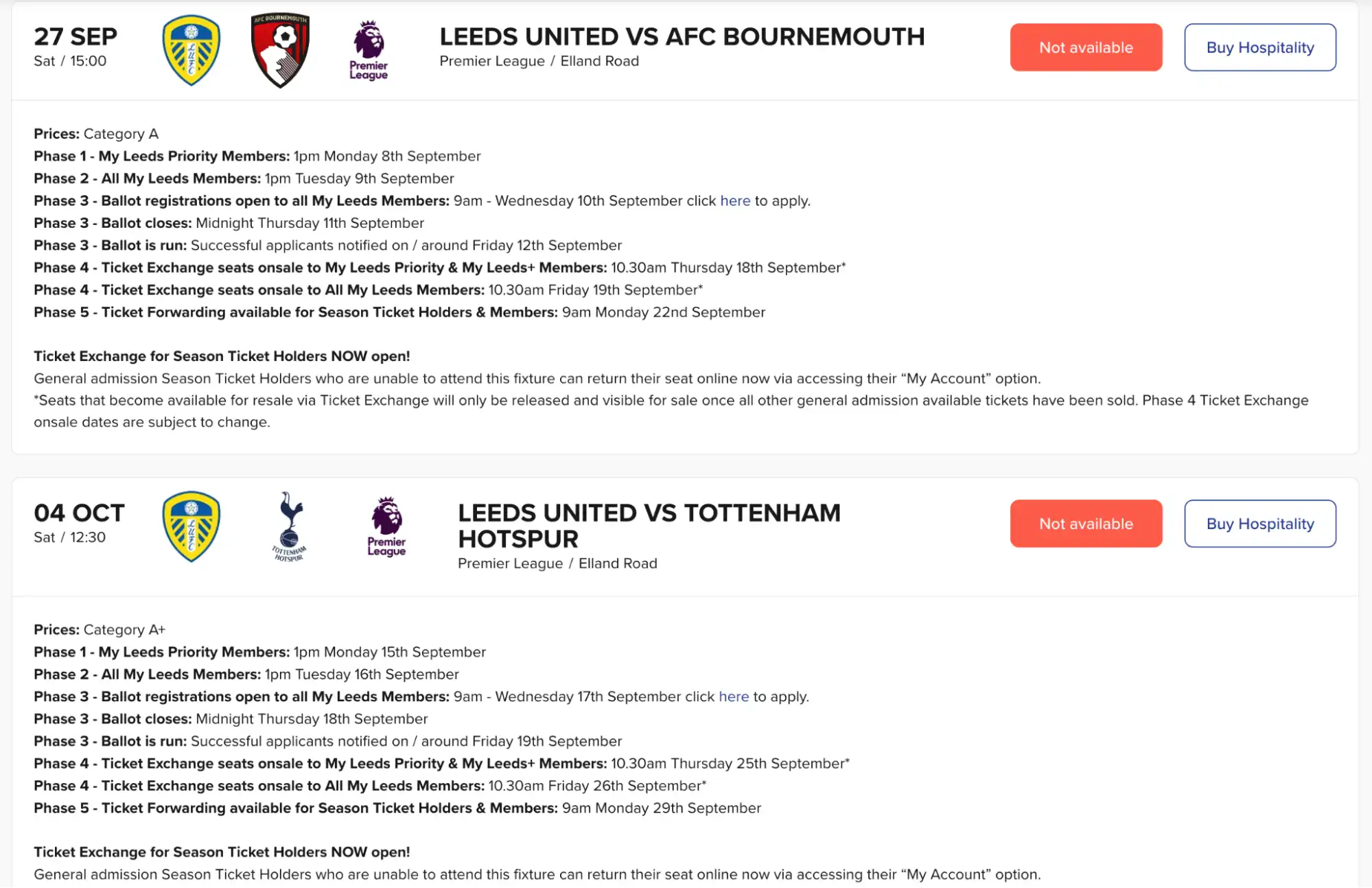 screenshot Leeds United speelschema