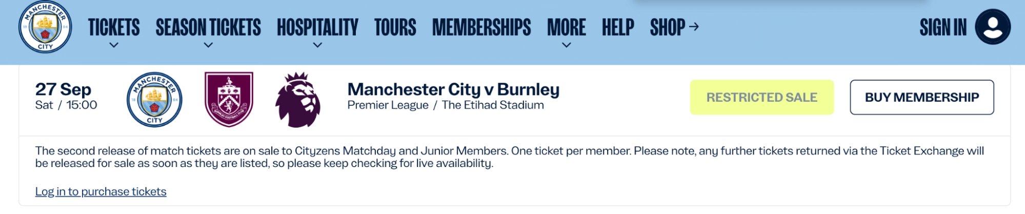 screenshot van Man City speelschema op Man City website