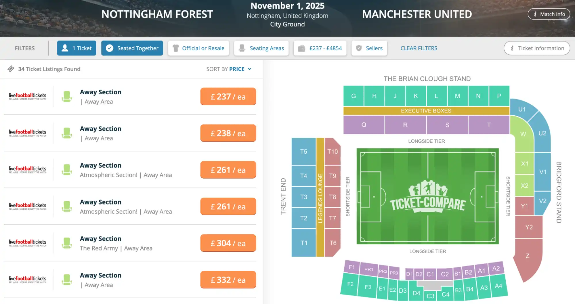 screenshot Manchester United Away tickets list