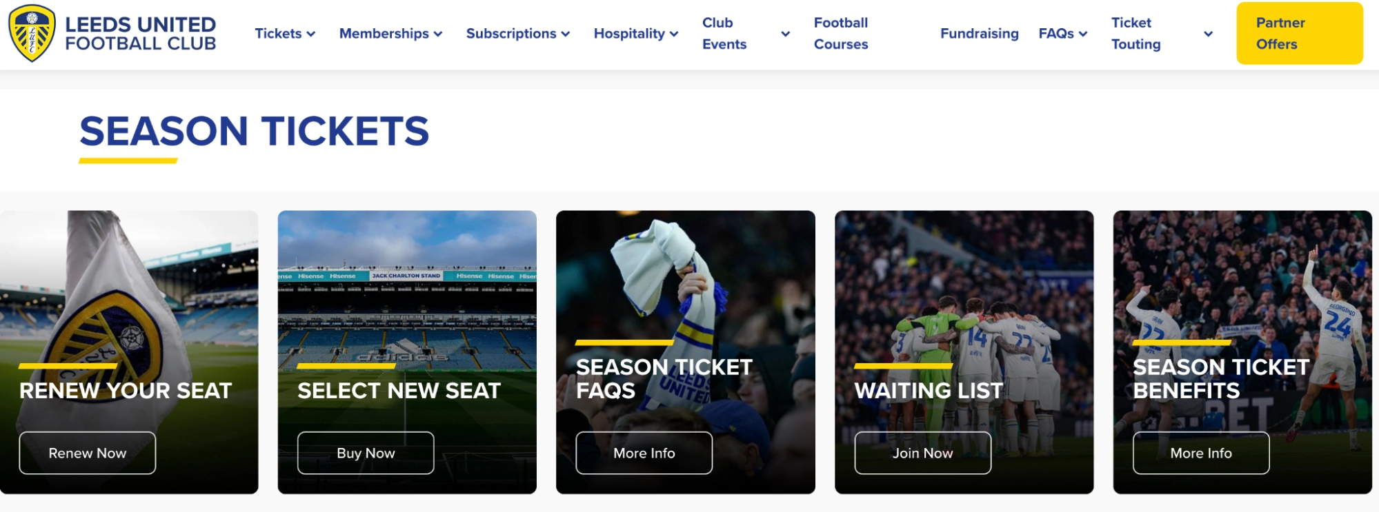 screenshot Leeds 'Season Tickets' page