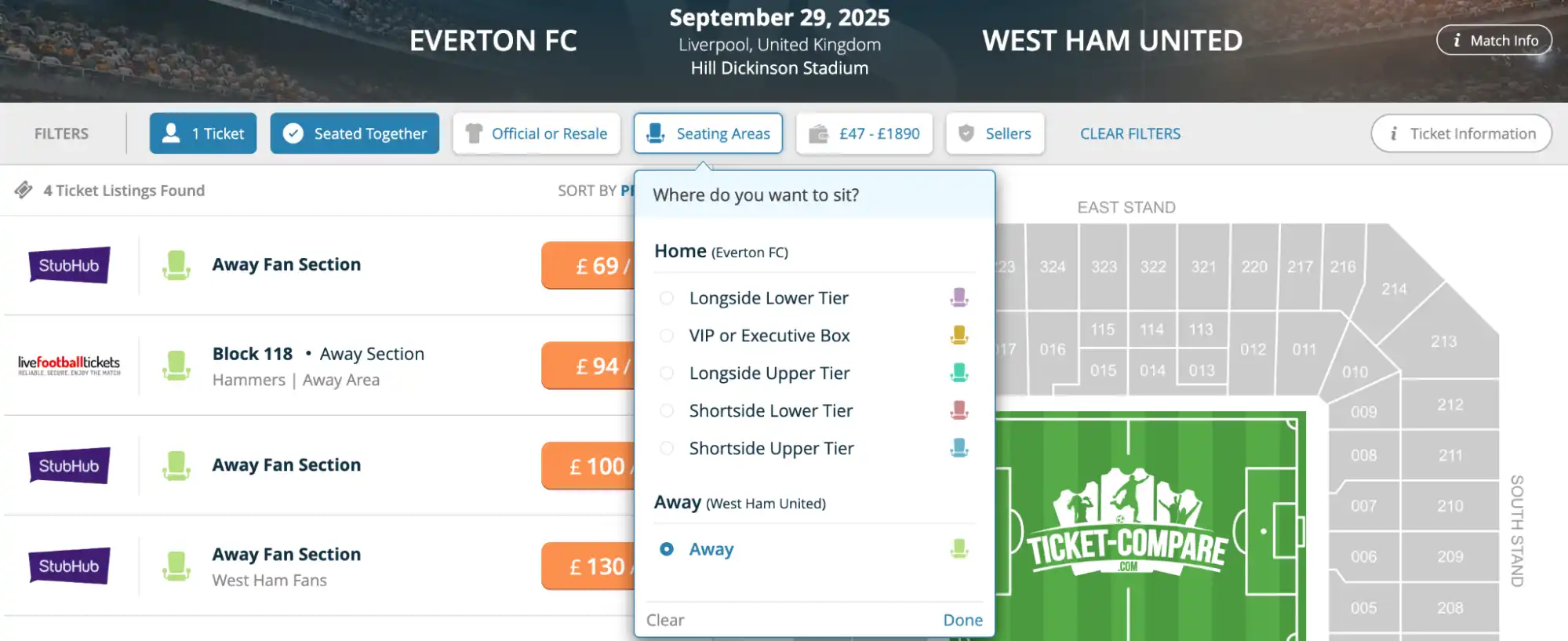 screenshot van Seating Areas menu