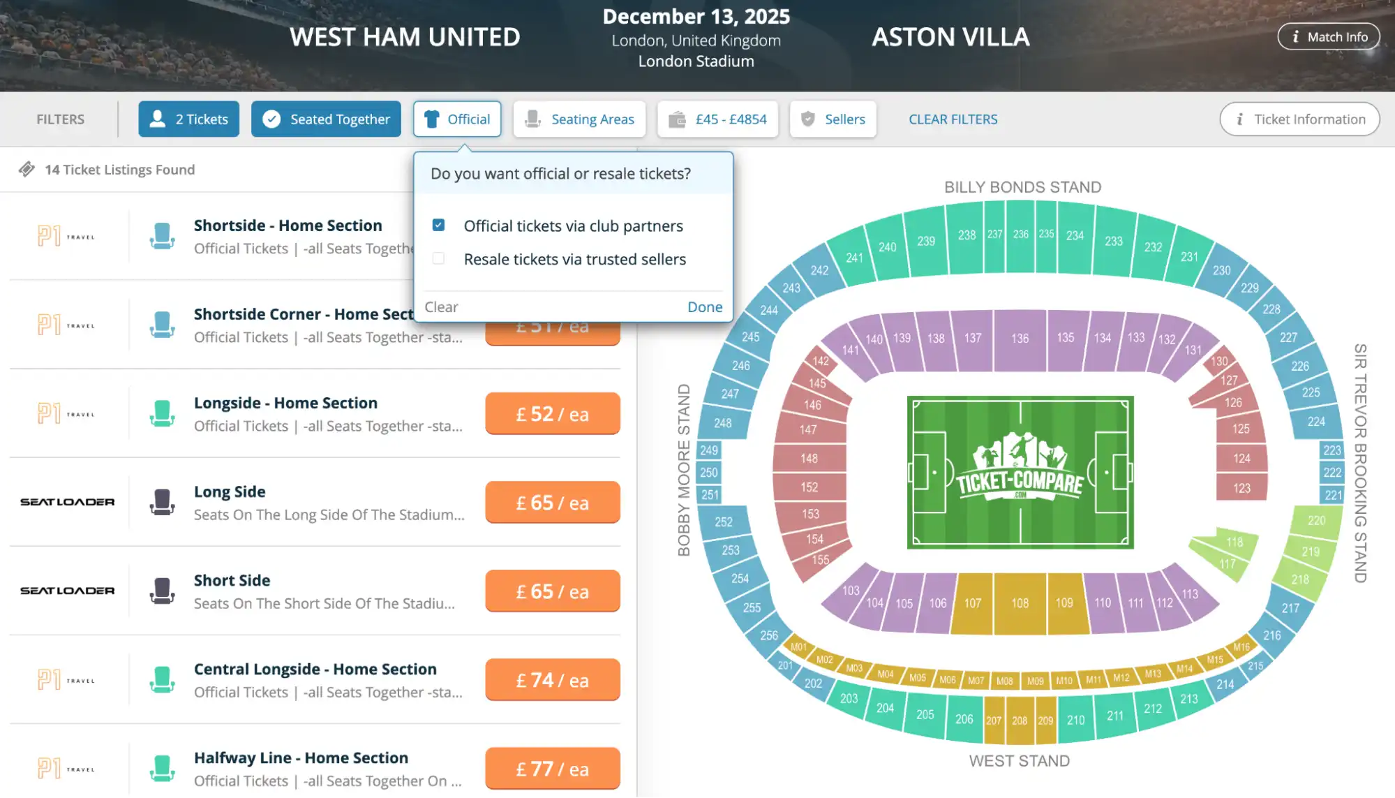 Screenshot 'Seating Areas' menu West Ham United vs Aston Villa tickets