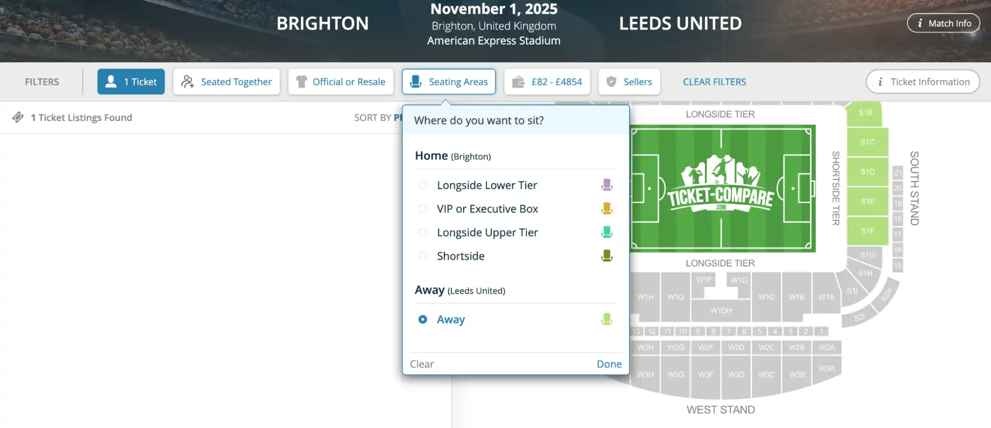 screenshot 'Setting areas' dropdown