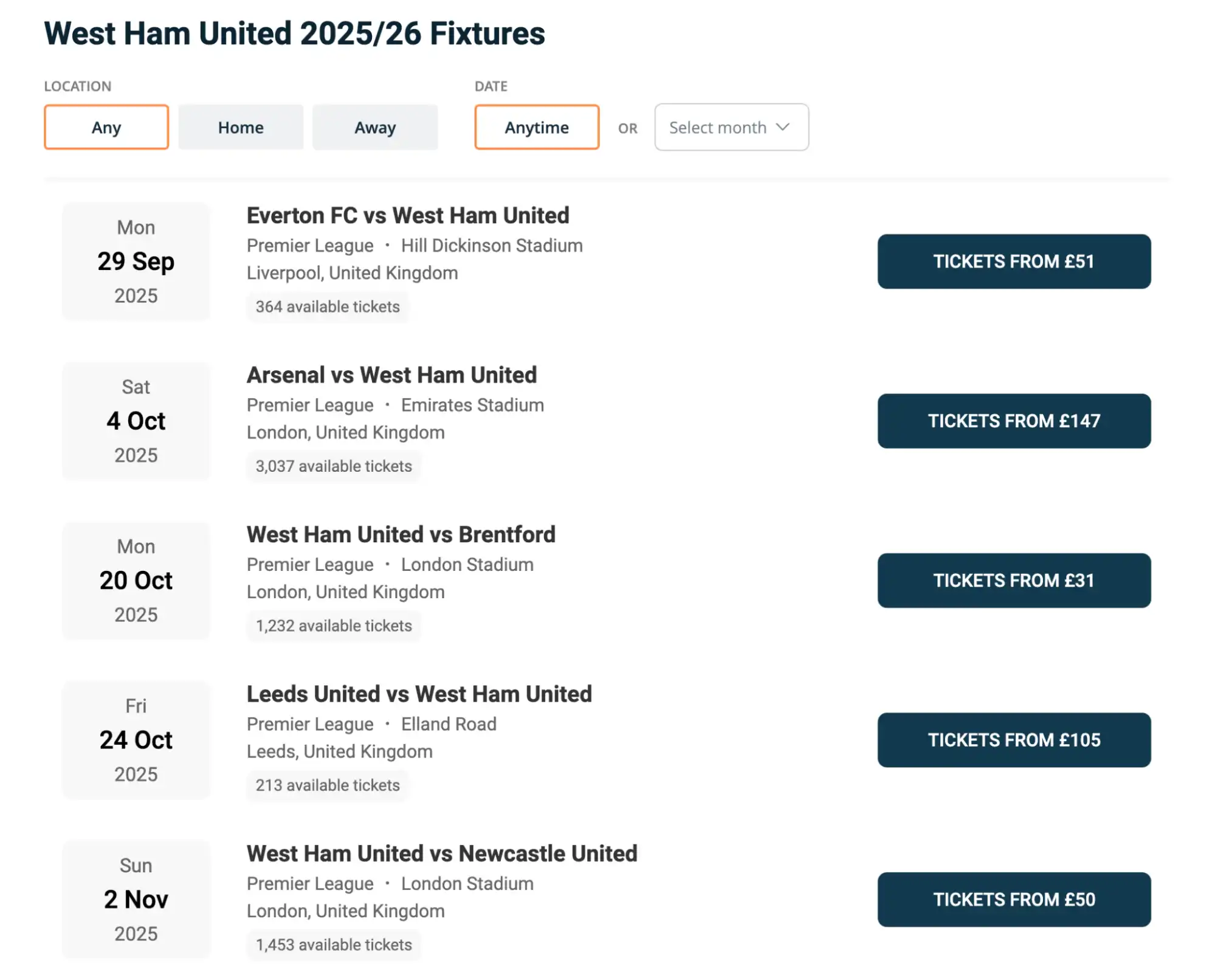 West Ham United speelschema screenshot