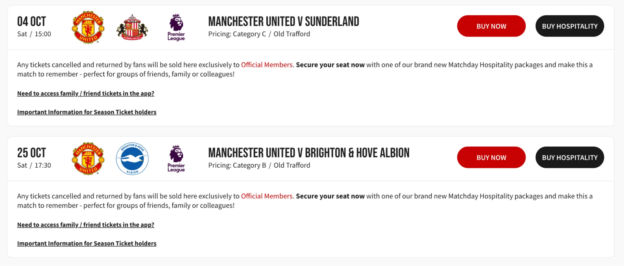 screenshot van fixtures op manchester united website