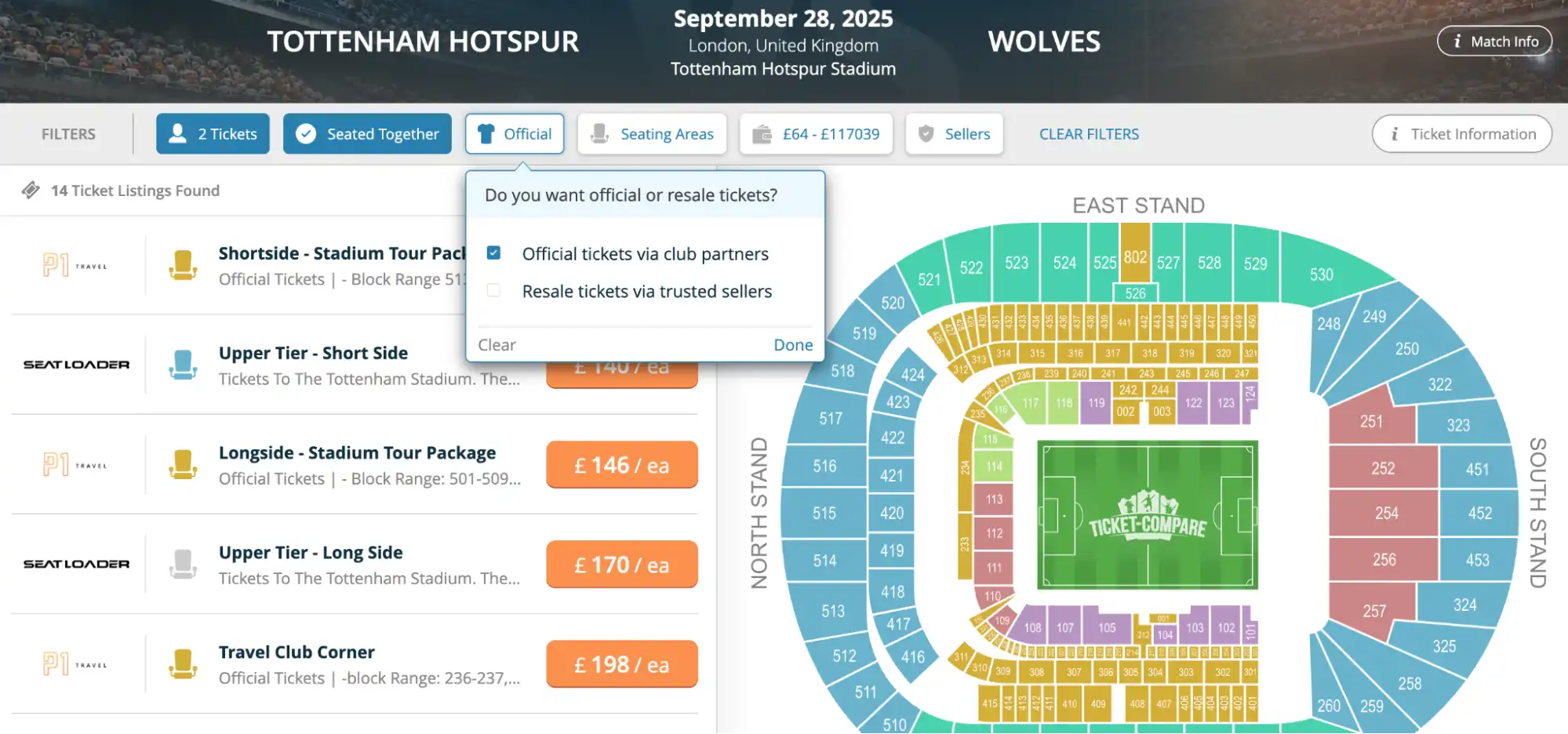 screenshot van officiële/resale ticketoptie