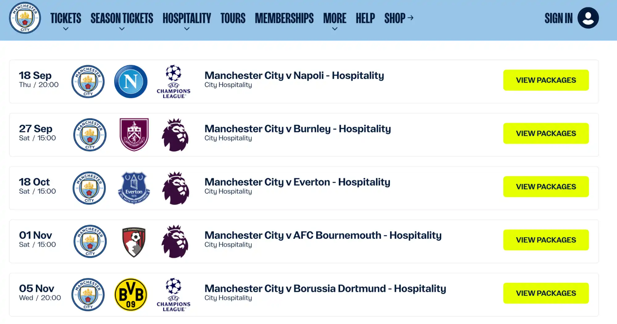 screenshot Man City fixtures website