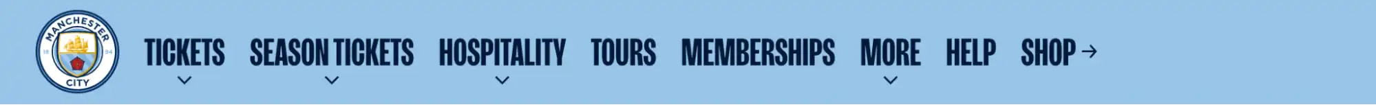 screenshot van navigatiebalk Manchester City website