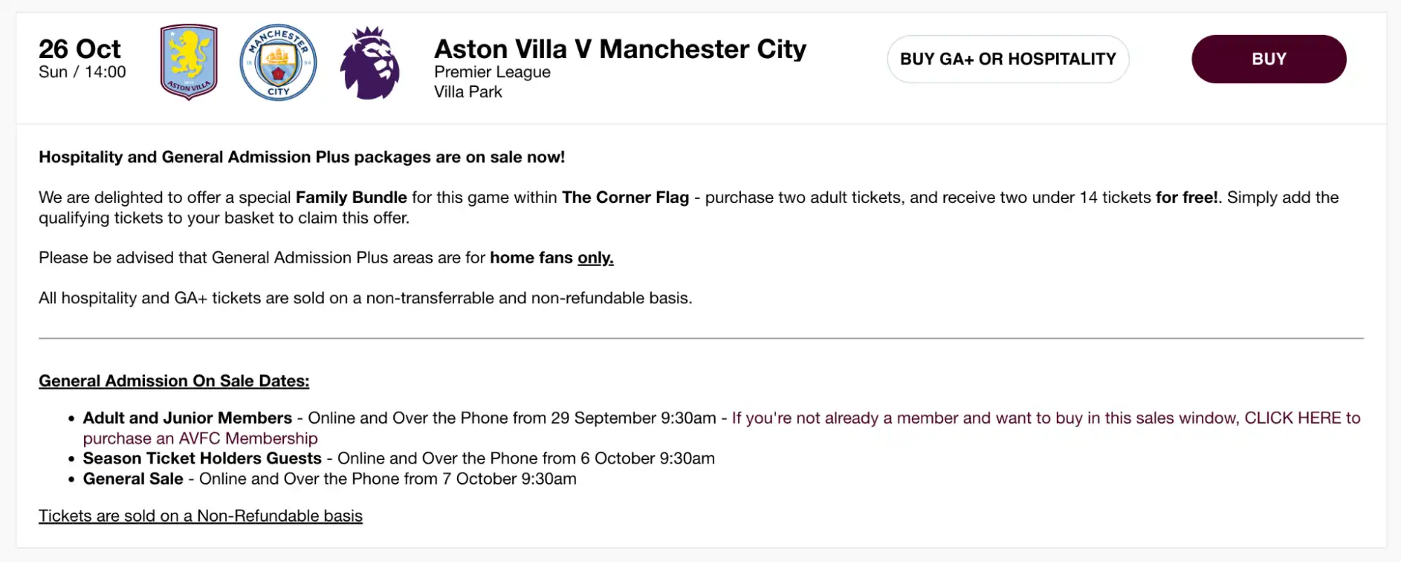screenshot van de AVFC vs MCFC Ticketpagina