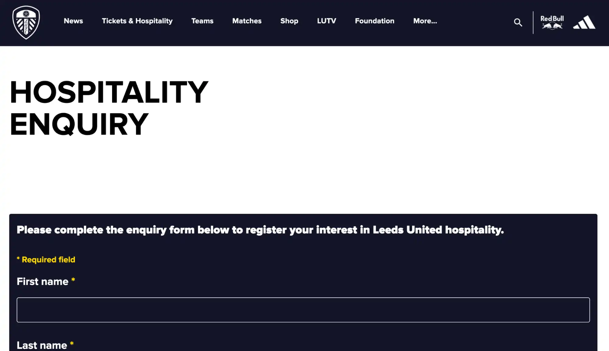 screenshot van Hospitality Enquiry page