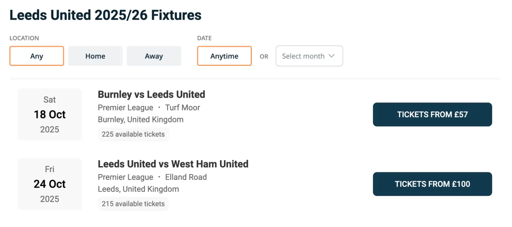 screenshot of Leeds United Fixtures