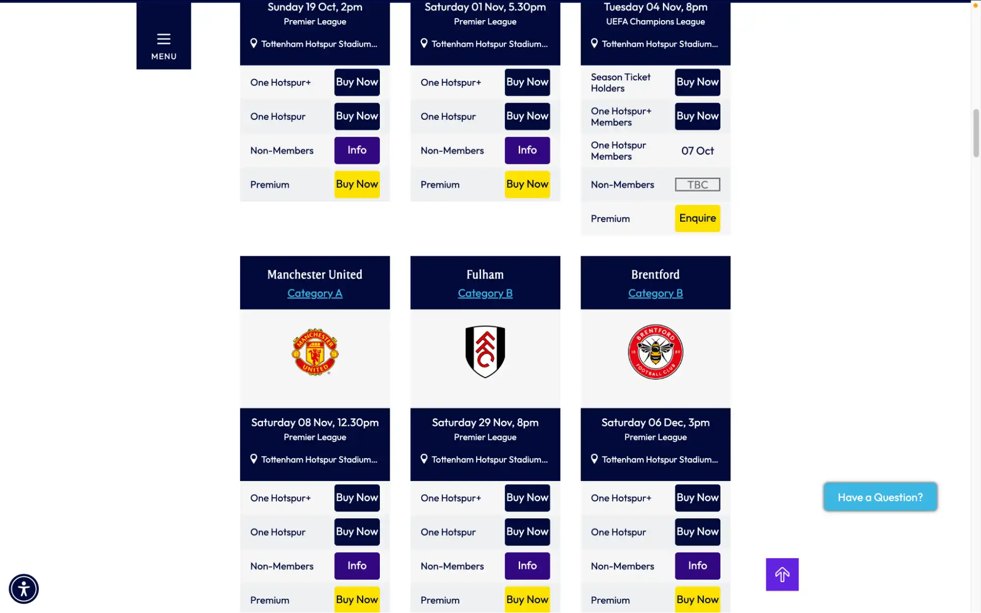 screenshot van officiële Tottenham Hotspur kaarten